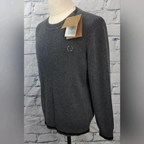 NWT Burberry  Men's Ribbed Sweater TB Logo Cashmere Gray Crewneck Small - Picture 13 of 16